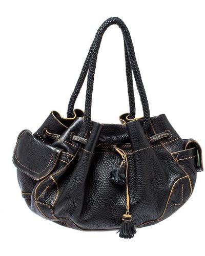 Cole Haan Leather Drawstring Braided Handle Hobo - Black