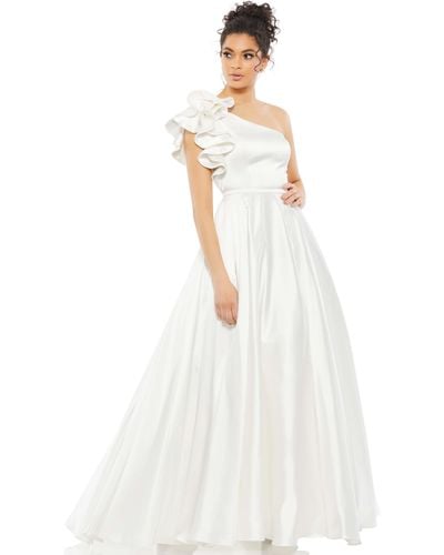 Mac Duggal Satin Ruffle Sleeve Ball Gown - White