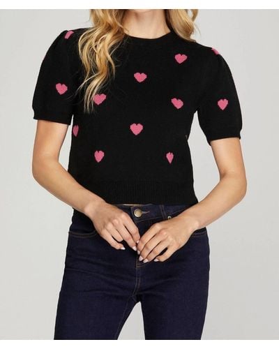 She + Sky Short Puff Sleeve Heart Print Sweater - Black