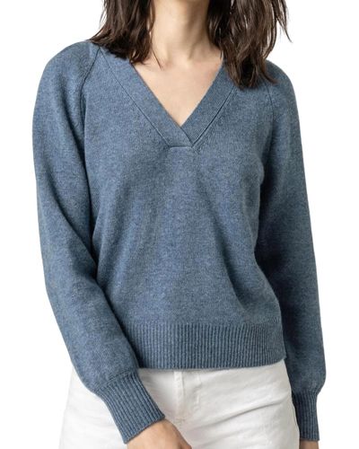 Lilla P Wide Trim V-neck Sweater - Blue