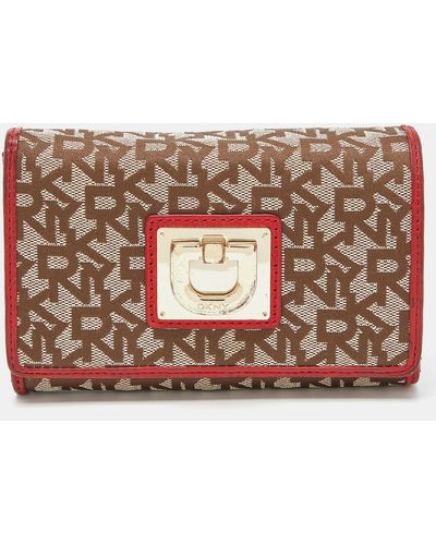 DKNY Beige/red Signature Canvas And Leather French Wallet - Metallic
