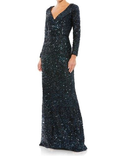 Mac Duggal Long Sleeve Sequined Gown - Blue