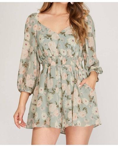 She + Sky Floral Romper With Smocked Waist - Gray