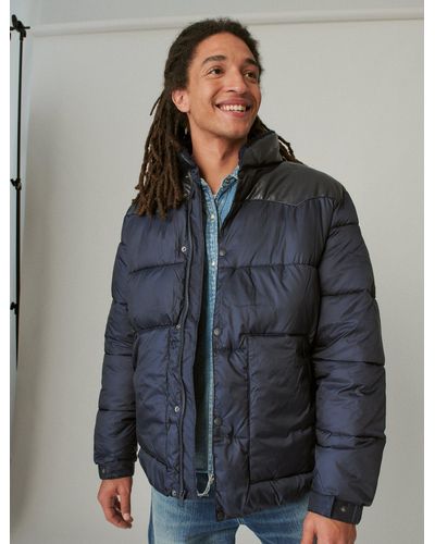 Lucky Brand Western Mixed Media Quilted Puffer Jacket - Blue