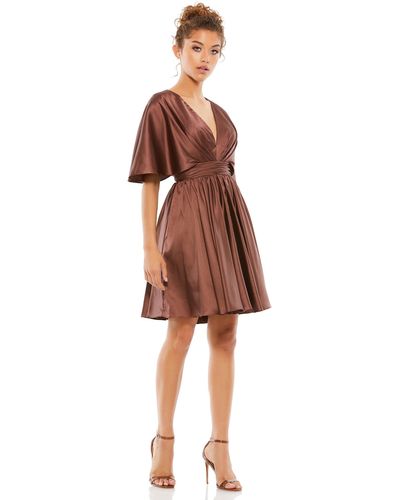 Ieena for Mac Duggal Satin Flowy Cape Sleeve Mini Dress - Brown