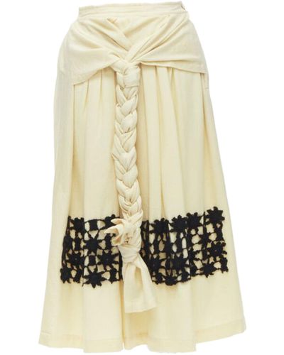 Comme des Garçons Comme Des Garcons Vintage 1988 Cream Wool Braid Black Lattice Embroidery Skirt - Natural