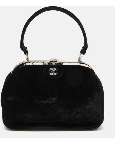 Chanel Quilted Velvet Cc Frame Top Handle Bag - Black