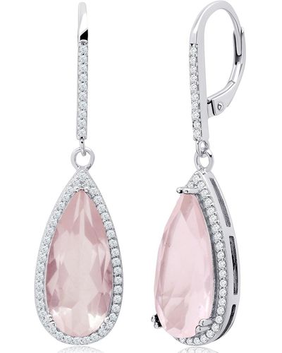 MAX + STONE Pear Cut Gemstone Quartz And White Topaz Halo Dangle Leverback Earrings - Pink