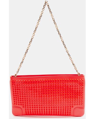 Christian Louboutin Neon Coral Patent Leather Loubiposh Spike Chain Clutch - Red