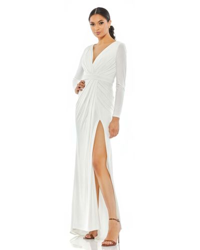 Ieena for Mac Duggal V-neck Long Sleeve High Slit Gown - White