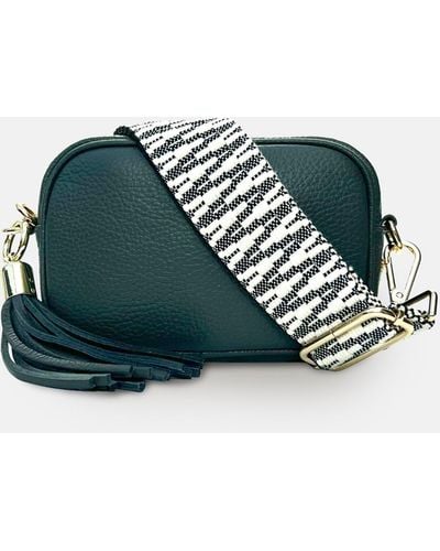Apatchy London The Mini Tassel Dark Gray Leather Phone Bag With Midnight Zigzag Strap - Green
