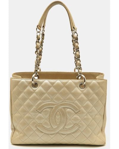 Chanel Pearlquilted Caviar Leather Gst Shopper Tote - Natural