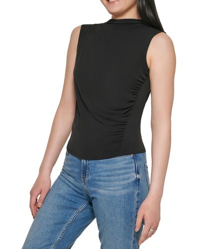 Calvin Klein Ruched Mock Collared Tank Top - Black