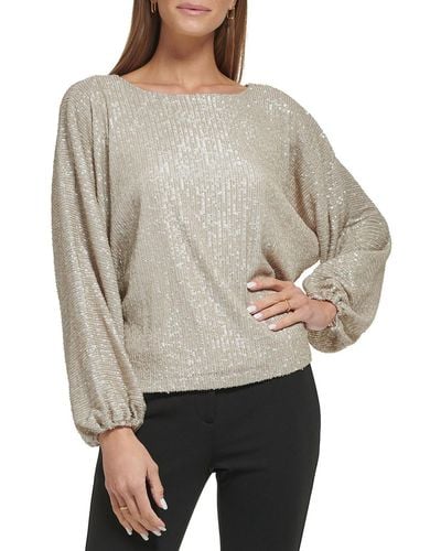 DKNY Sequined Boatneck Blouse - Gray