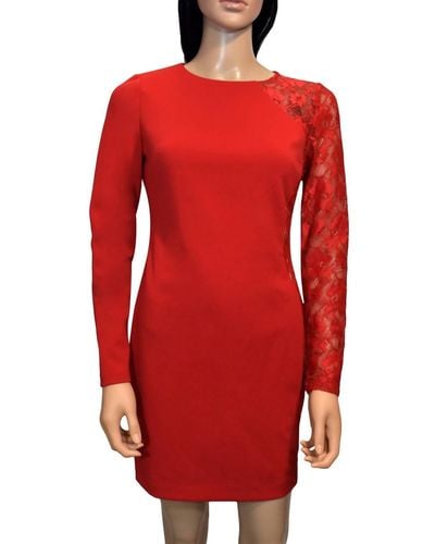 Bebe Lace Long Sleeves Knee Length Detailed Sheath Dress - Red