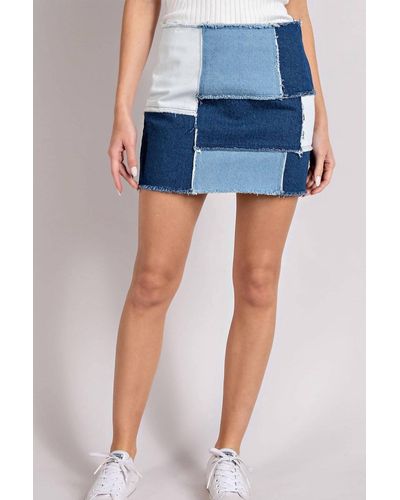 Eesome Retro Patchwork Color Block Mini Skirt - Blue