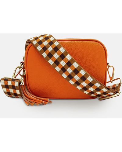 Apatchy London Leather Crossbody Bag With & Tan Checks Strap - Orange