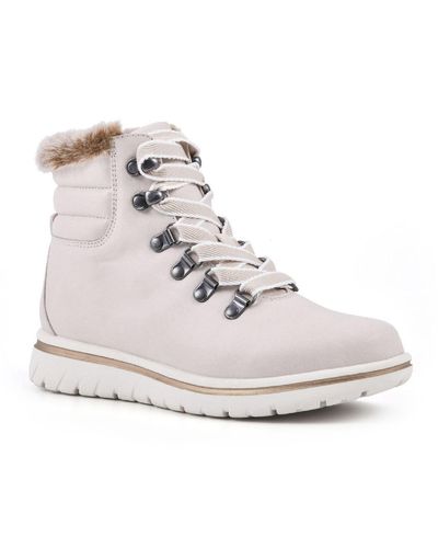 White Mountain Hallett Faux Fur Trim Lace Up Ankle Boots - Natural