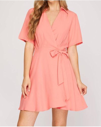 She + Sky Short Sleeve Textured Wrap Dress - Pink