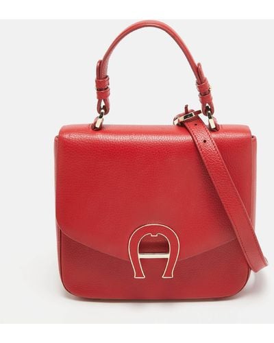 Aigner Leather Logo Flap Top Handle Bag - Red