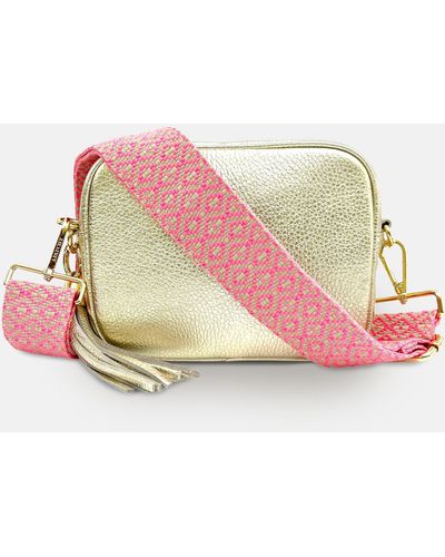 Apatchy London Gold Leather Crossbody Bag With Neon Pink Cross-stitch Strap