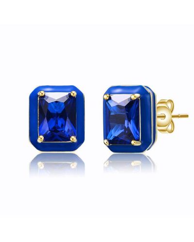 Rachel Glauber 14k Gold Plated With Sapphire Cubic Zirconia Radiant Enamel Halo Stud Earrings - Blue
