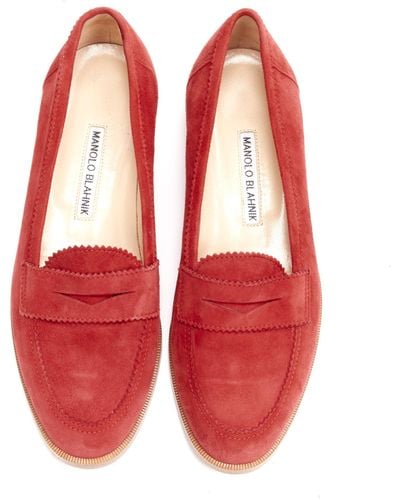 Manolo Blahnik Suede Leather Classic Penny Loafer - Red