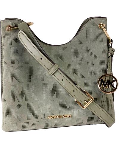 Michael Kors Joan Large Perforated Suede Leather Slouchy Messenger Handbag (army - Green