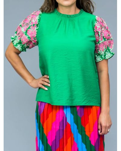 Thml Embroidered Statement Sleeve Top In Green