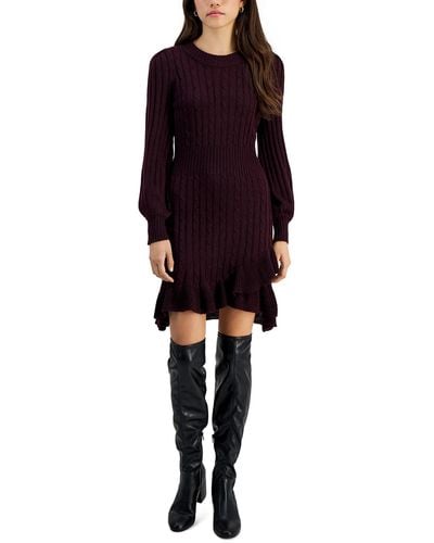Taylor Petites Cable Knit Ruffled Sweaterdress - Red