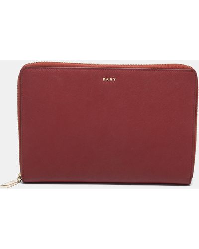 DKNY Leather Large Bryant Zip Around Clutch - Red
