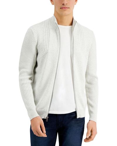 INC Cotton Ribbed Trim Full Zip Sweater - Red