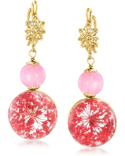 Ross-Simons Italian Rose Quartz Bead And Glass Heart Drop Earrings With Dried Flowers - Red