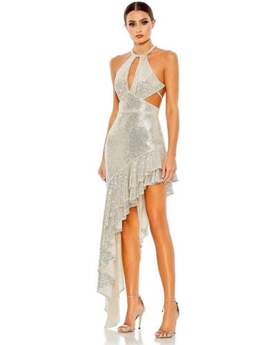 Mac Duggal Sequined Halter Cut Out Ruffle Asymmetrical Dress - White