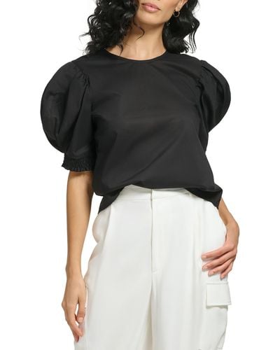 DKNY Puff Sleeve Solid Blouse - Black
