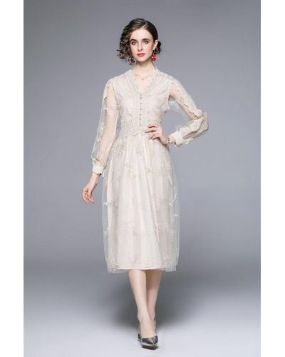 Kaimilan Apricot Evening A-line V-neck Long Sleeve Midi Lace Dress - Gray