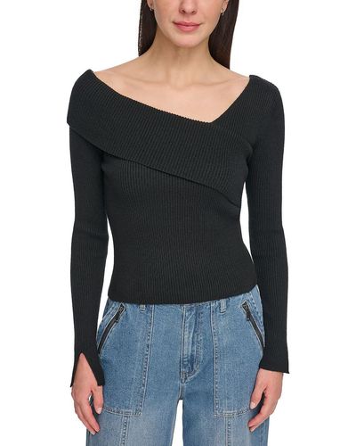 DKNY Ribbed Asymmetrical Neck Pullover Sweater - Black