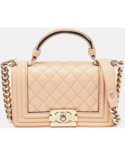 Chanel Quilted Leather Small Boy Top Handle Bag - Natural