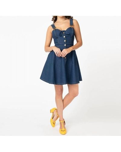 Unique Vintage Vaughn Denim Fit And Flare Dress - Blue