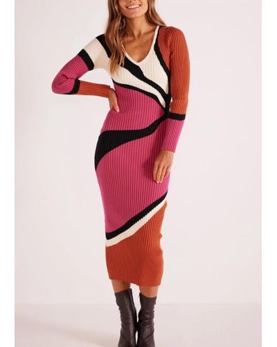 MINKPINK Lorna Knit Abstract Midi Dress - Red