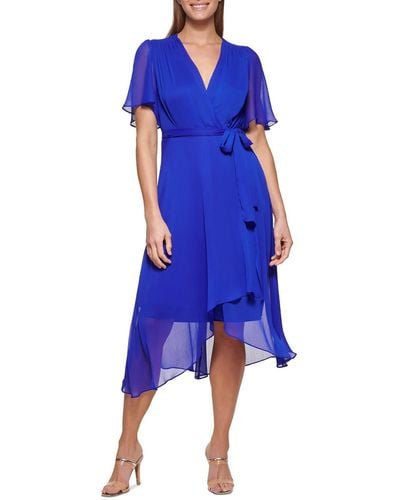 DKNY Flutter Sleeve Midi Wrap Dress - Blue