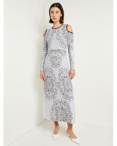 Misook Maxi A-line Dress - Cold Shoulder Jacquard Soft Knit - Gray