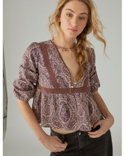 Lucky Brand Printed Lace Inset Babydoll Top - Brown