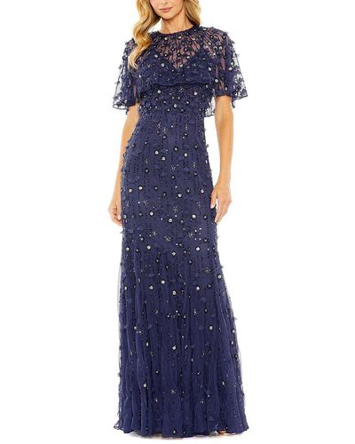 Mac Duggal Embellished Illusion Cape Sleeve Trumpet Gown - Blue