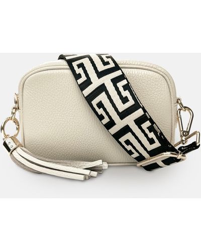 Apatchy London The Mini Tassel Stone Leather Phone Bag With Black & Stone Maze Strap - White