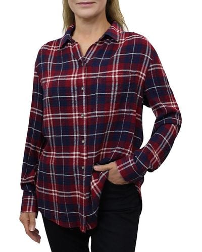 Beach Lunch Lounge Plaid Point-collar Button-down Top - Red
