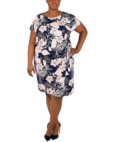 Signature By Robbie Bee Plus Floral Side Tie Shift Dress - Blue