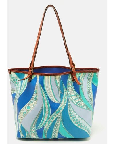 Emilio Pucci Color Printed Coated Canvas And Leather Tote - Blue