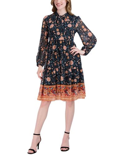 Signature By Robbie Bee Petites Floral Print Chiffon Fit & Flare Dress - Black