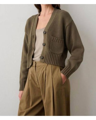White + Warren Core Spun Cotton Patch Pocket Cropped Cardigan In Deep Olive - Brown
